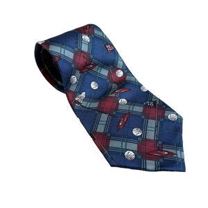 Vtg 90s Tie 100% Silk Golf Novelty Blue Plaid St. Andrews Collection USA made